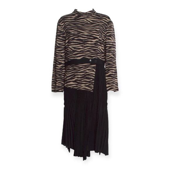 A.L.C. Zebra Animal Print Pleated Midi Dress Black Long Sleeve Size 14 - Picture 2 of 15